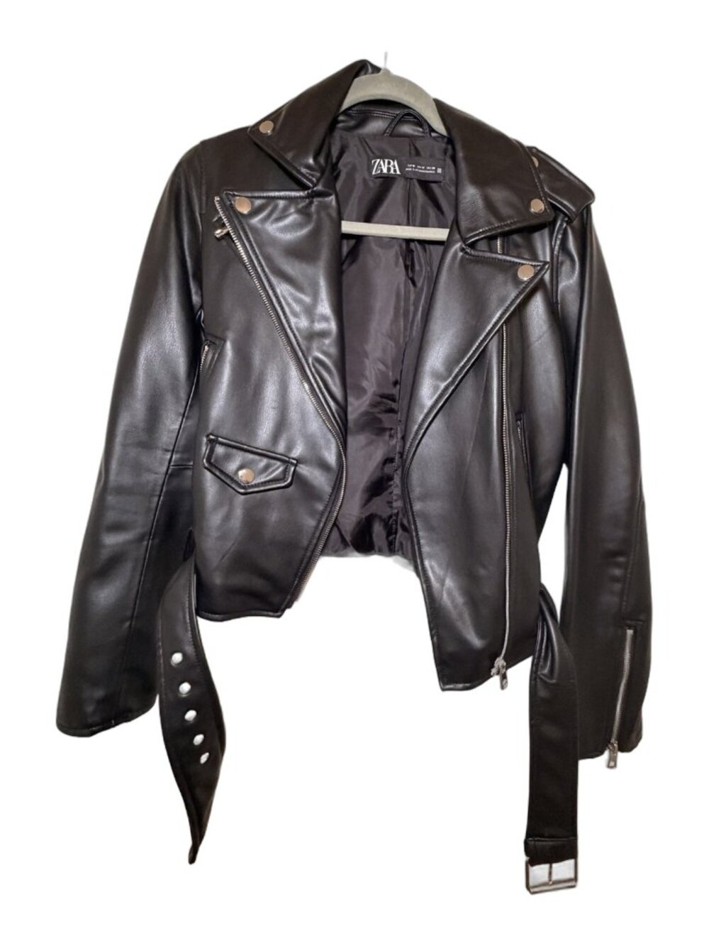 Zara Faux Leather Belted Biker Jacket Black M